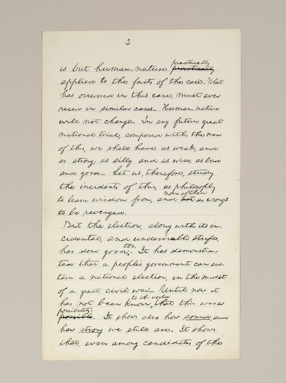 Manoscritto autografo del discorso di vittoria elettorale di Lincoln come Presidente, pronunciato a Washington D.C., dalla finestra della Casa Bianca la sera del 10 novembre da Abraham Lincoln