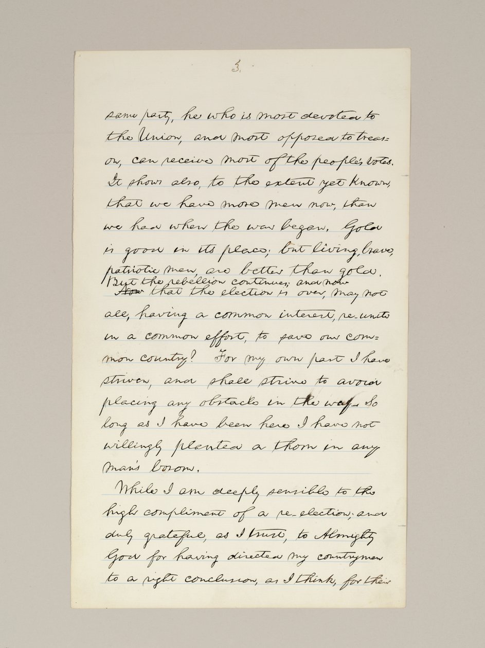 Manoscritto autografo del discorso di vittoria elettorale di Lincoln come Presidente, pronunciato a Washington D.C., dalla finestra della Casa Bianca la sera del 10 novembre da Abraham Lincoln