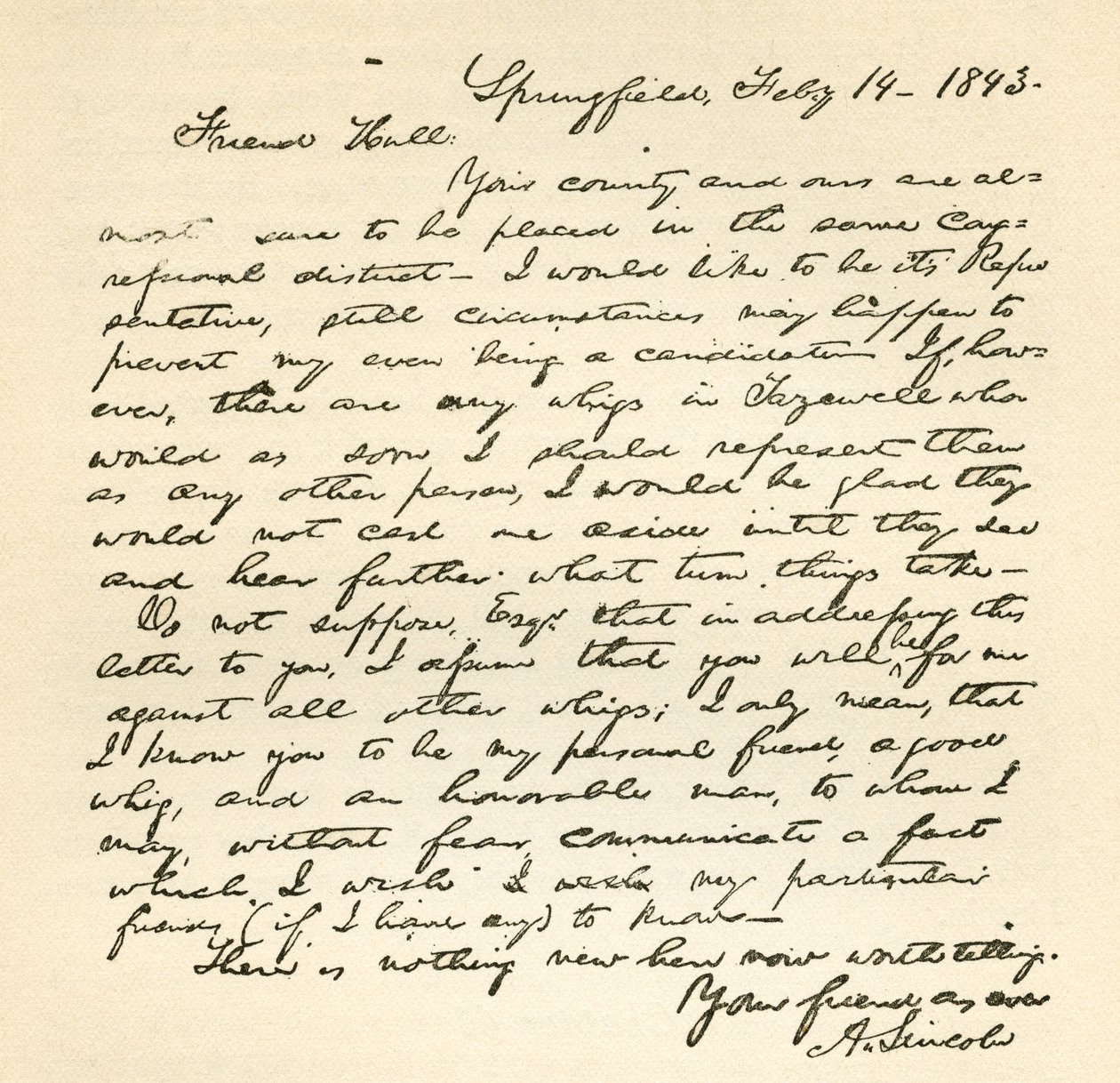 Lettera di Abraham Lincoln ad Alden Hall, datata 14 febbraio 1843 da Abraham Lincoln