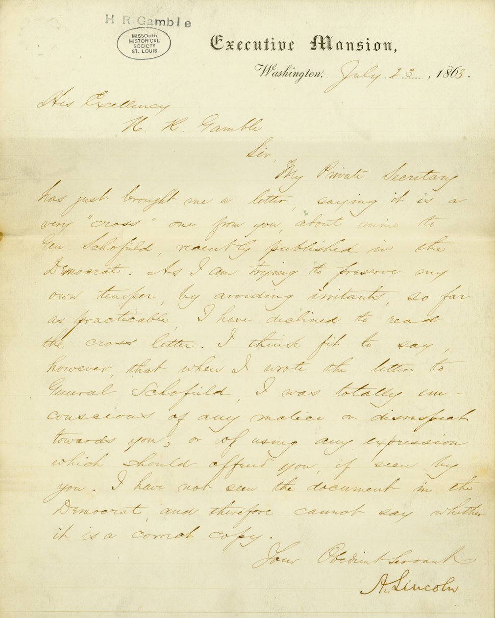 Lettera firmata A. Lincoln, Executive Mansion, Washington, a Sua Eccellenza, H.R. Gamble, 23 luglio 1863 da Abraham Lincoln