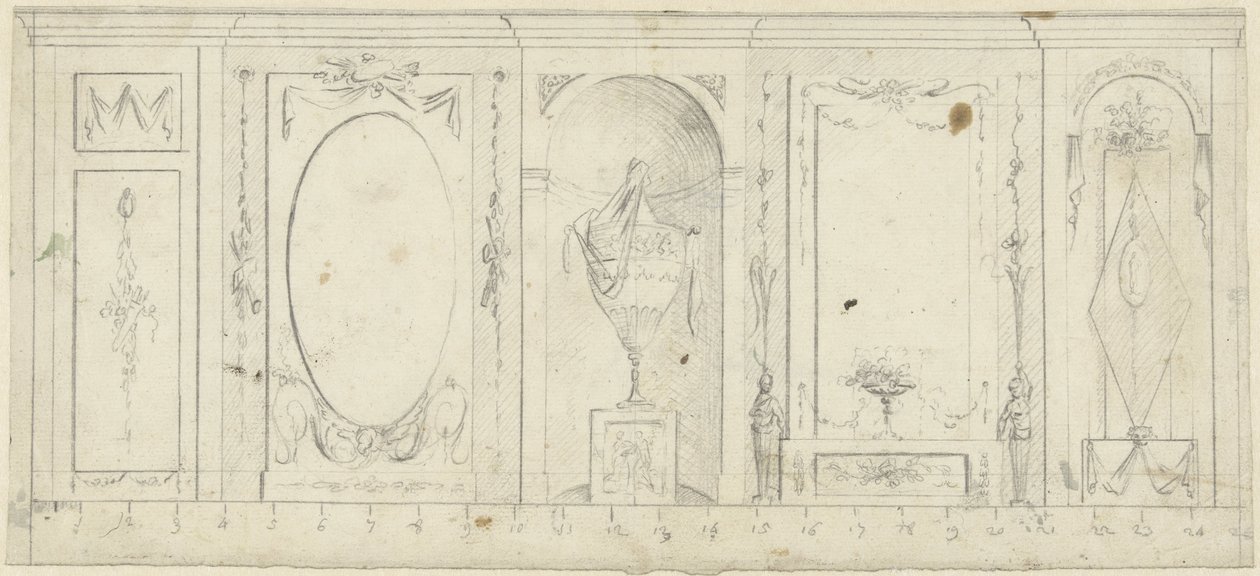 Progetto per decorazione di una stanza con cinque pannelli, di cui il centrale con vaso ornamentale da Abraham Meertens