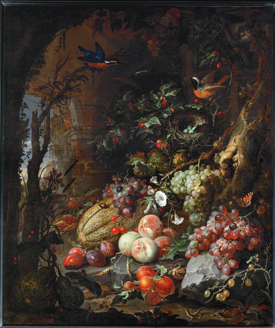 Fiori, frutta, uccelli e insetti in un paesaggio di rovine ... da Abraham Mignon