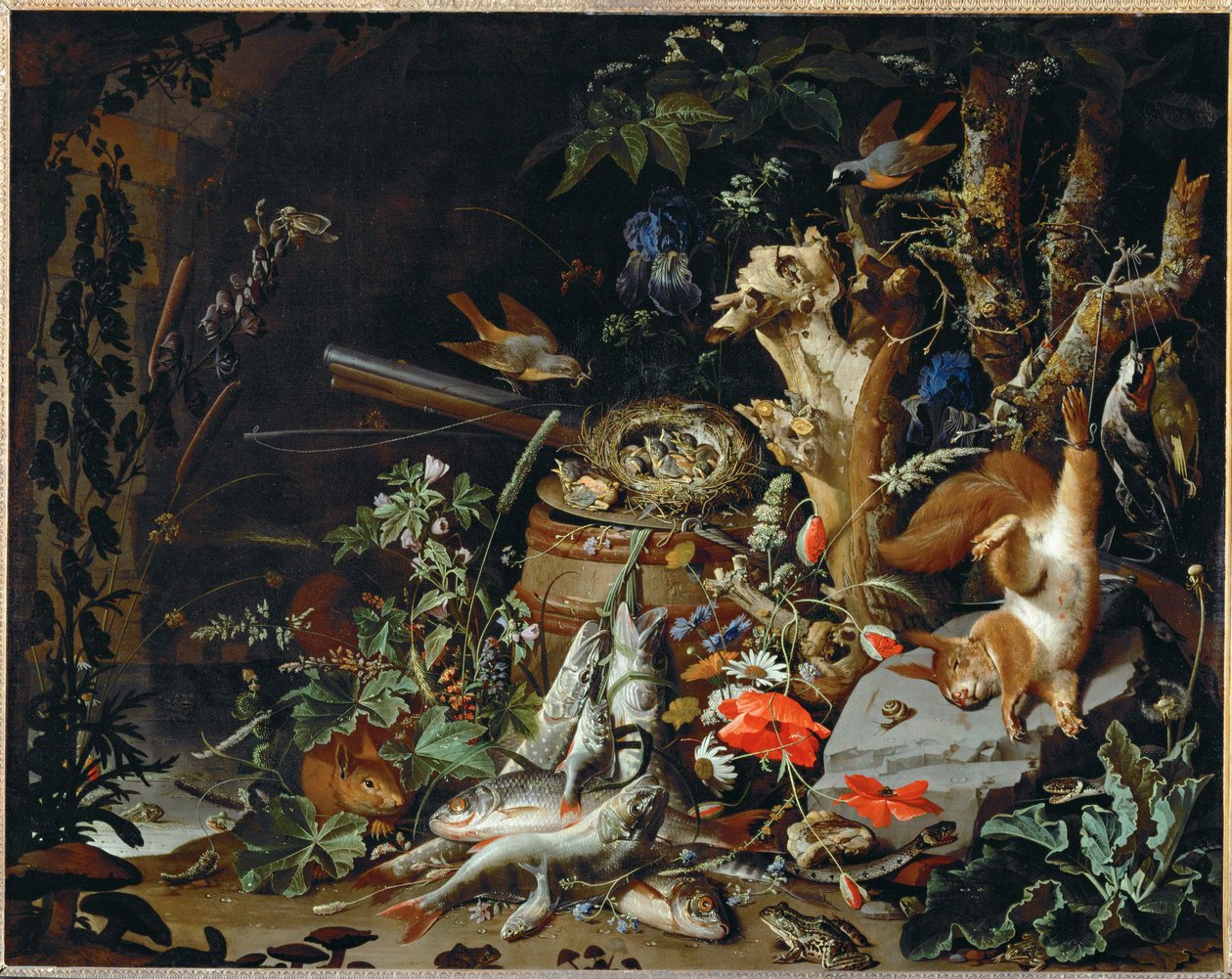 Le nid de pinsons - pesci, rettili e uno scoiattolo morto tra piante e alberi ... da Abraham Mignon