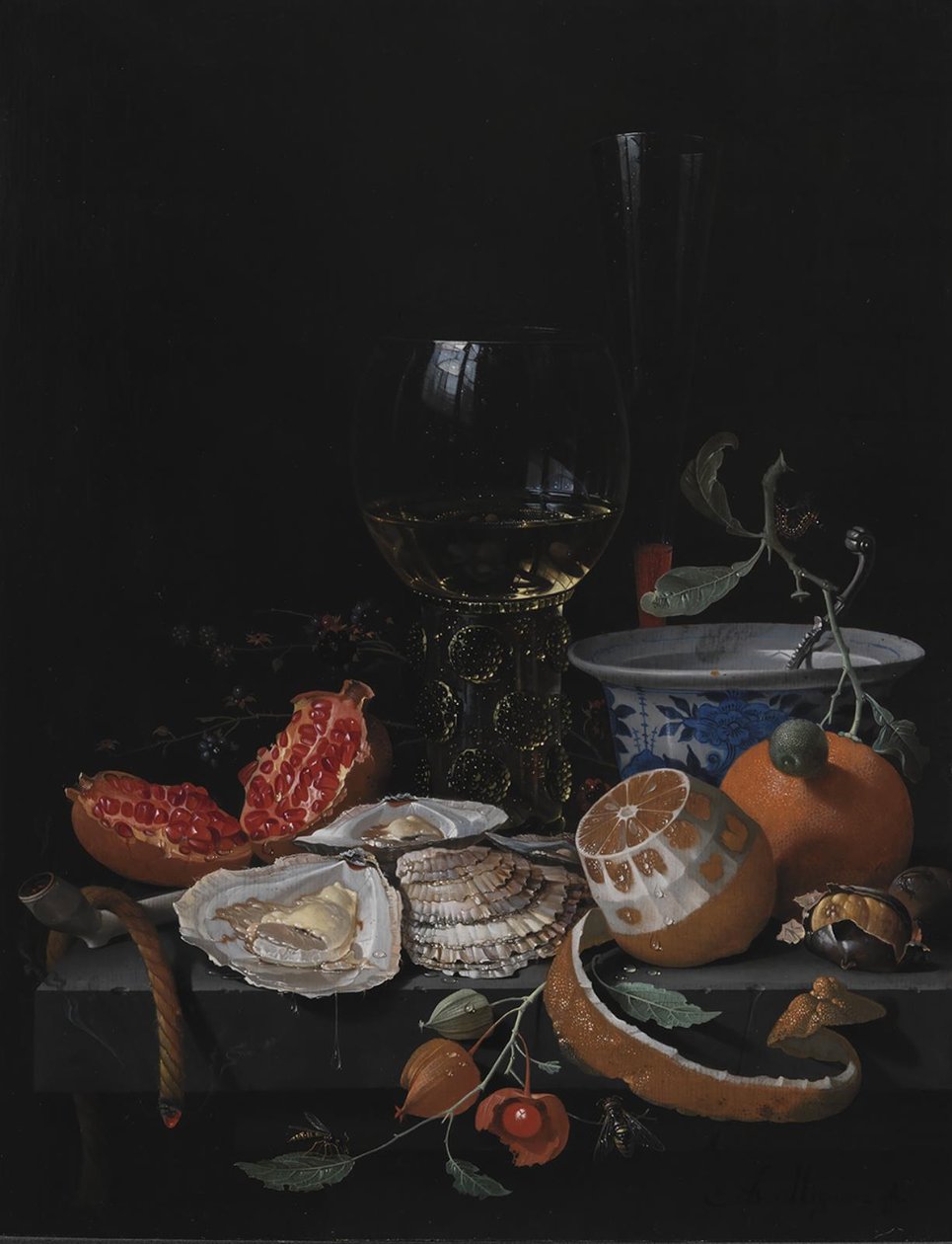 Ostriche, frutta e un bicchiere di vino su un tavolo di pietra da Abraham Mignon