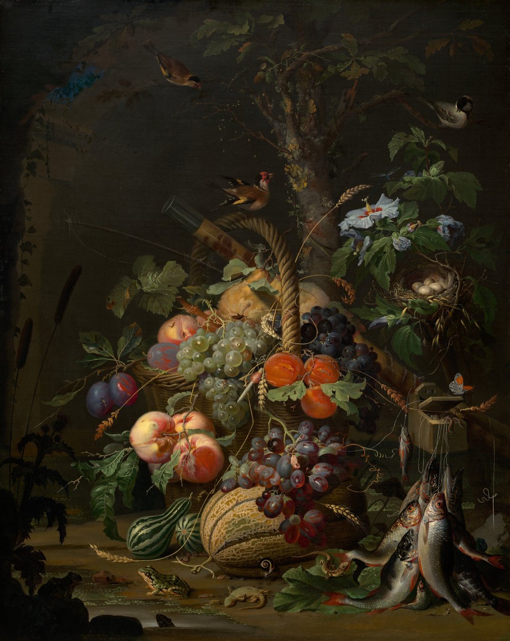 Natura morta con frutta, pesce e nido da Abraham Mignon