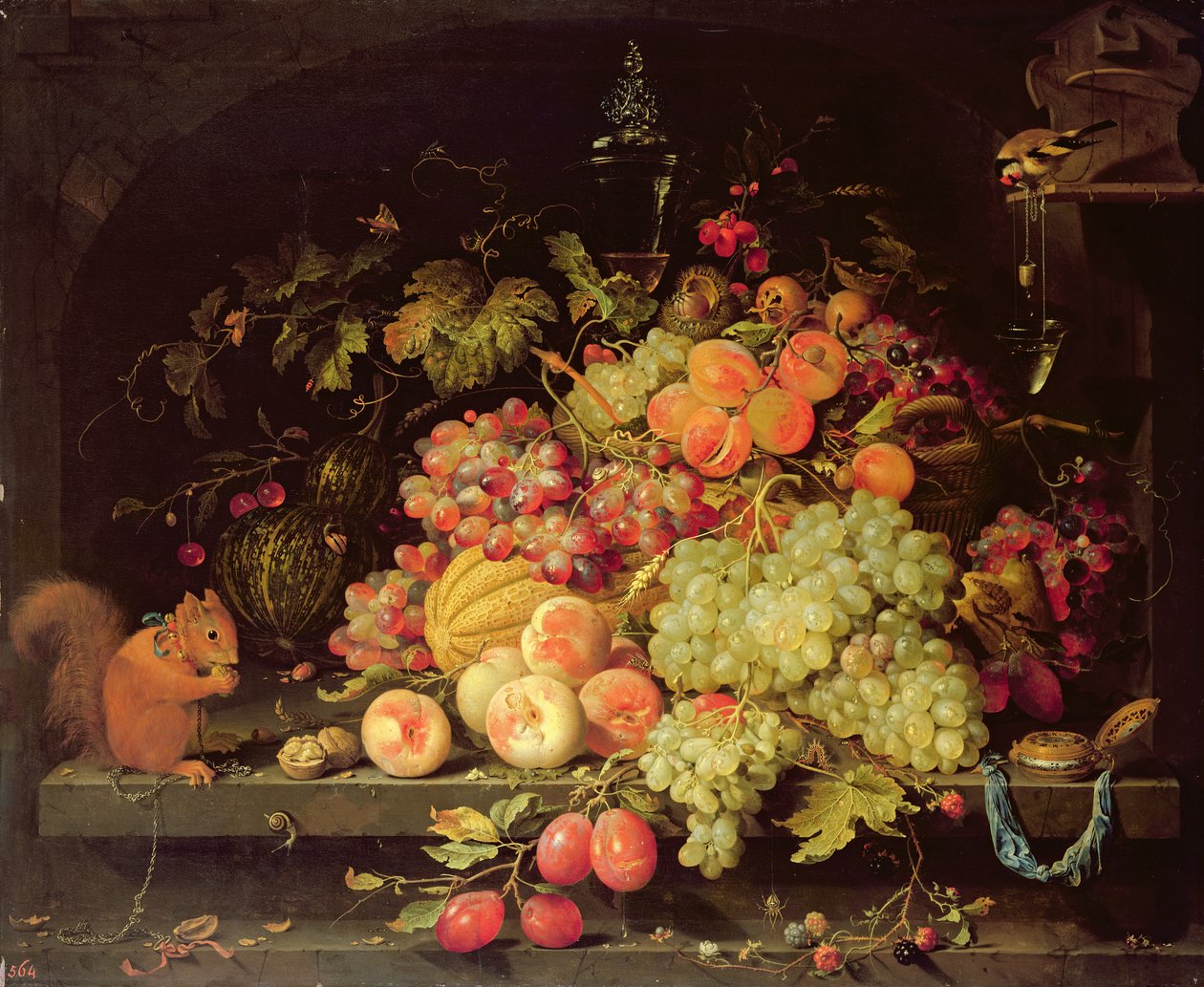 Natura morta con frutta, scoiattolo e cardellino da Abraham Mignon