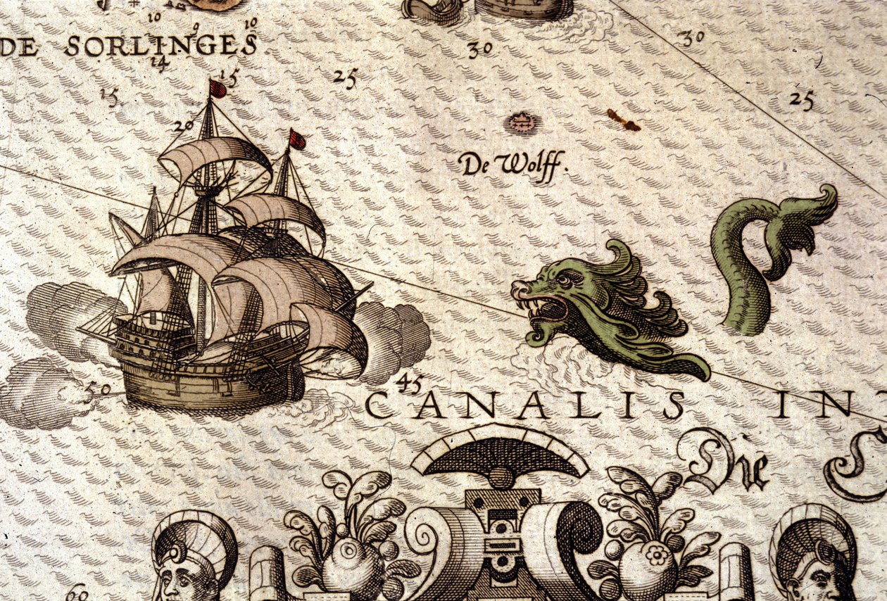 Un mostro marino che attacca un galeone (caravella). Dettaglio di una mappa in "Theatrum Orbis Terrarum" di Abraham Ortelius, Anversa 1584 da Abraham Ortelius