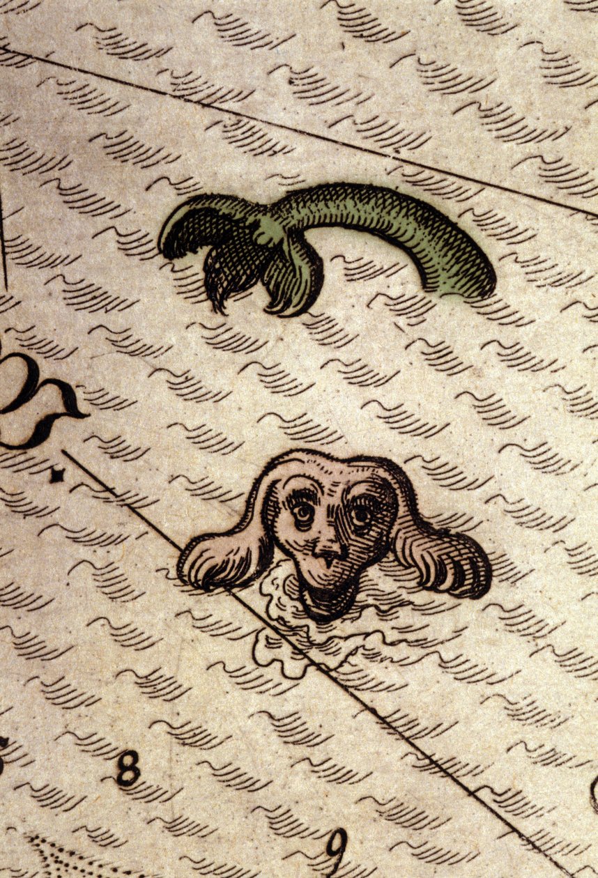 Un mostro marino ha una testa di cane e un corpo di pesce. (dettaglio) da Abraham Ortelius