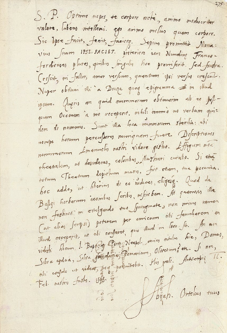 Lettera Autografa Firmata al Nipote, Jacob Cool (Jacobus Colius), Anversa, 2 Febbraio 1595 da Abraham Ortelius