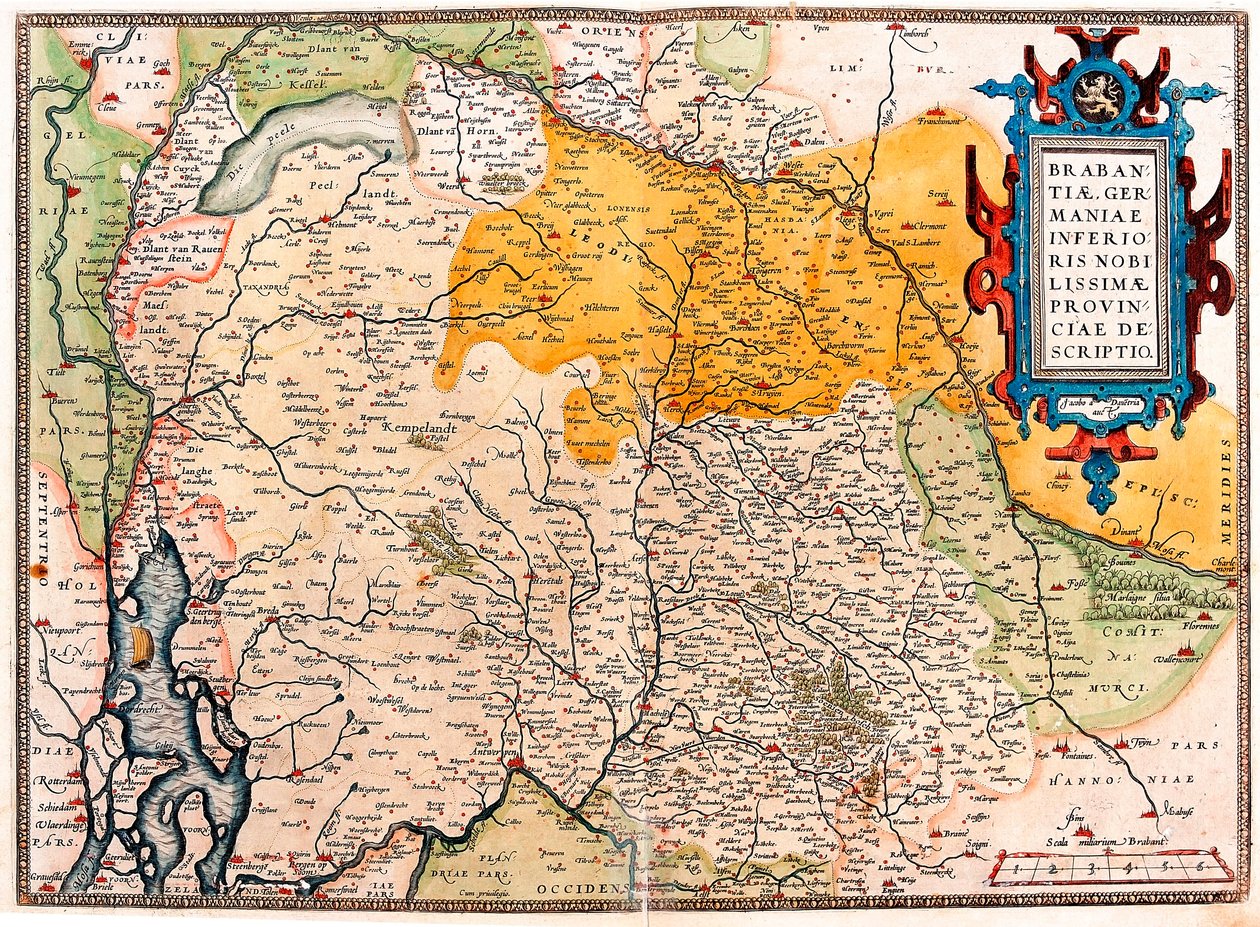 Brabantiae Germaniae Inferioris Nobilissimmae Provinciae Descriptio Mappa geografica del territorio a sud dei Paesi Bassi Germanici (Kempeland) tratta da 