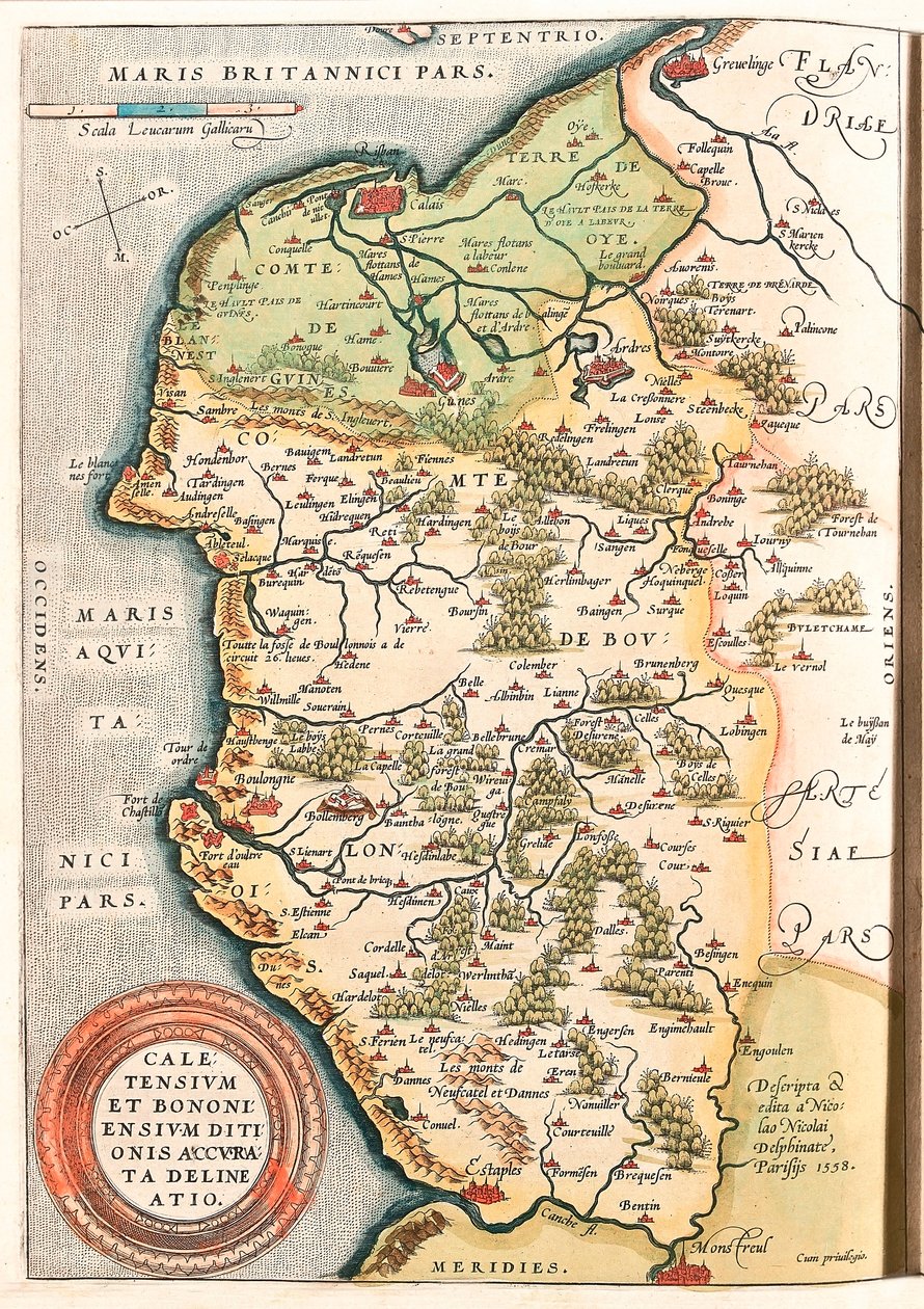 Caletensium et Bononiensium Ditionis Accurata Delineatio Mappa geografica del territorio del Boulonnais, Artois e Fiandre francesi, inclusi i luoghi di Calais, Arches, Greuelinge, Etaples e Montreuil... tratta dal "Theatrum Orbis Terrarum" da Abraham Ortelius
