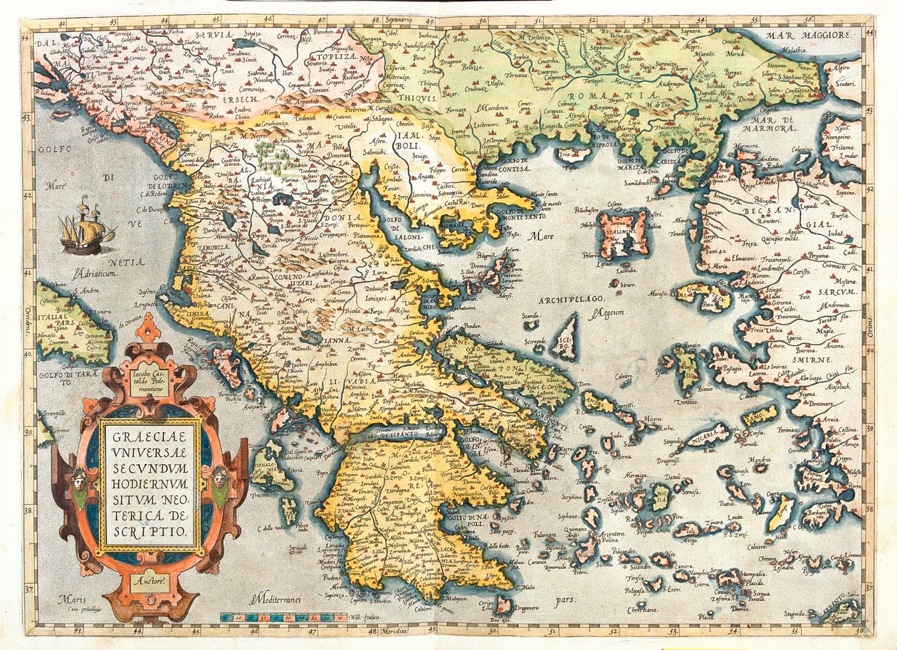 Croazia (Contea di Dubrovnik-Neretva), Bosnia-Erzegovina meridionale, Serbia meridionale, Bulgaria meridionale, Montenegro, Albania, Macedonia, Grecia, Turchia occidentale. da Abraham Ortelius