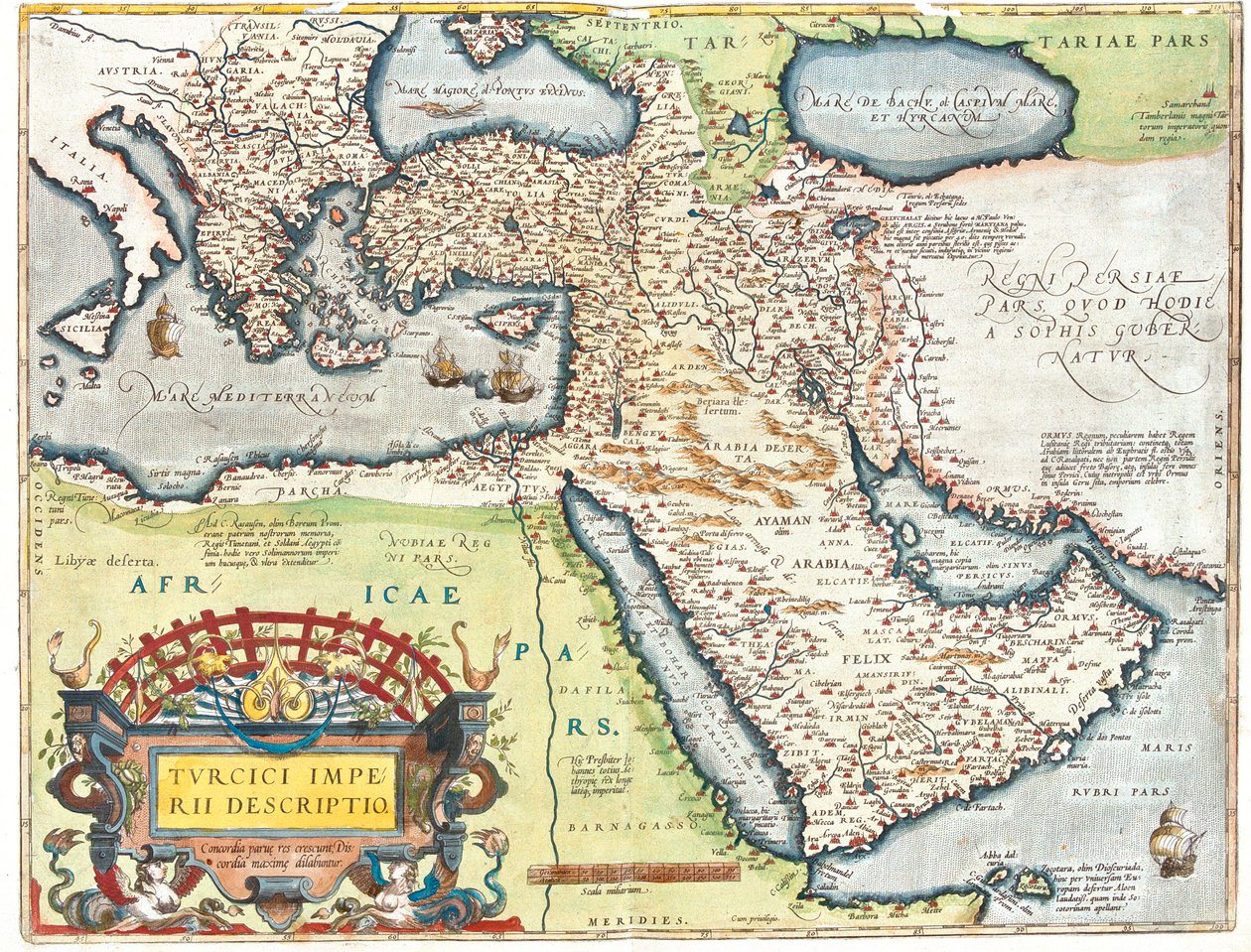 Croazia, Romania, Bosnia-Erzegovina, Serbia, Bulgaria, Montenegro, Kosovo, Albania, Macedonia, Grecia, Turchia, Russia meridionale, Georgia, Azerbaijan, Armenia, Iran, Iraq, Siria, Libano, Israele, Giordania, Arabia Saudita, Kuwait, Qatar, Bahrain, Emirati da Abraham Ortelius