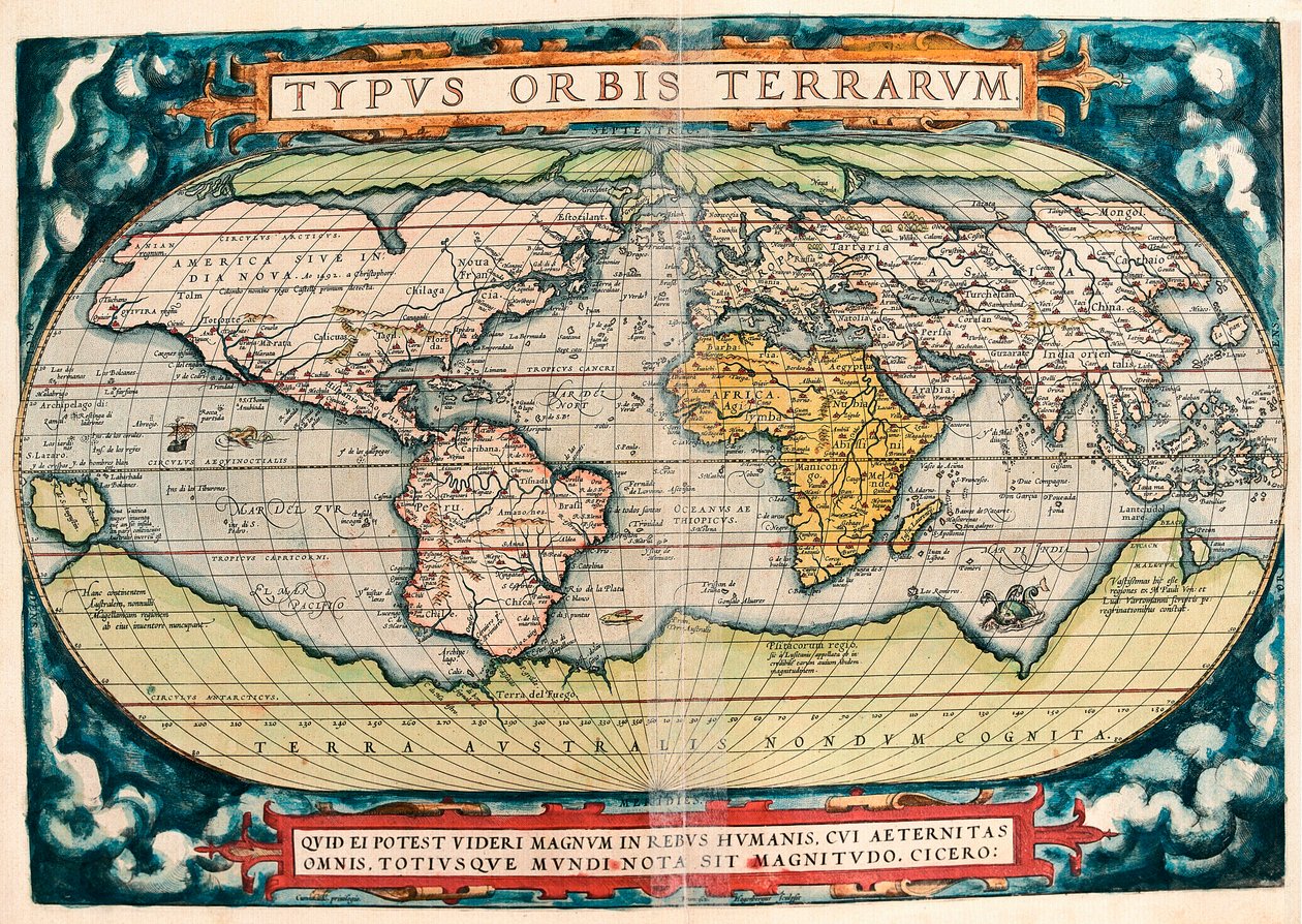 Mappa della Terra (Mappa del Mondo) Mappa geografica da "Theatrum Orbis Terrarum" di Abraham Ortelius (1527-1598) da Abraham Ortelius