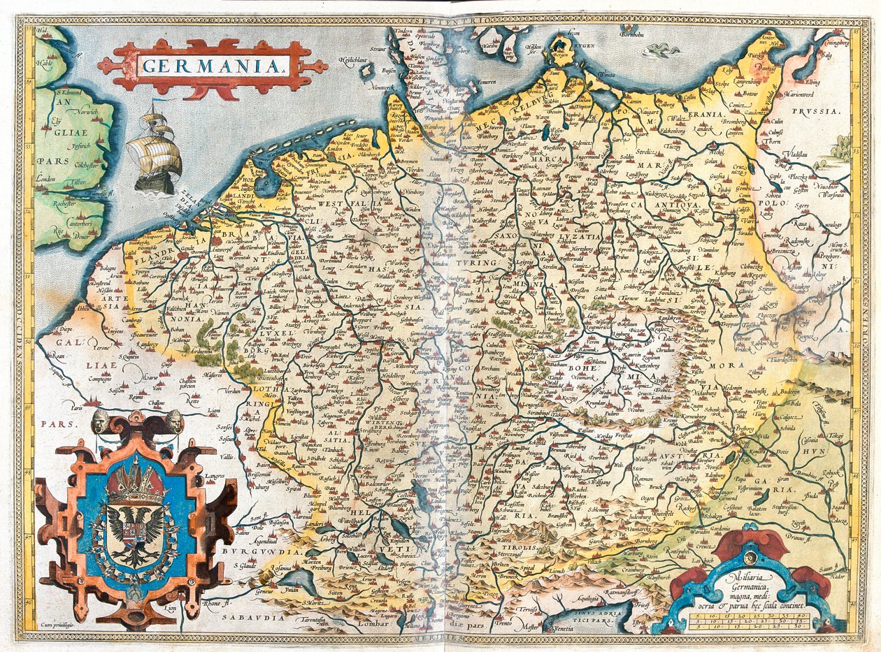 Francia (Regione: Alta Normandia, Piccardia, Nord-Pas de Calais, Ile-de-France, Champagne-Ardenne, Lorena, Alsazia, Borgogna, Franca Contea, Rodano-Alpi), Belgio, Paesi Bassi, Lussemburgo, Germania, Polonia (Voivodato: Pomerania occidentale, Pomerania, Lub da Abraham Ortelius