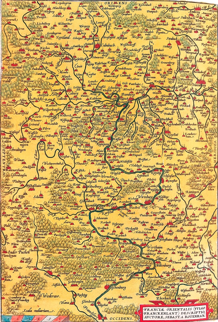 Franciae Orientalis (Vulgo/Franckenlant) Descriptio, Auctore, Sebast. A. Rotenhan Mappa geografica del territorio della Franconia in Germania con la città di Francoforte (anche la città di Karlstadt..) tratta da 