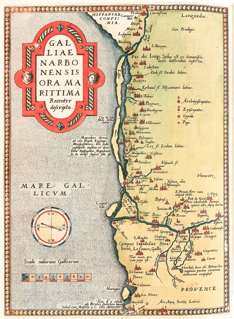 Galliae Narbonensis ora Marittima Recenter descripta Mappa geografica del territorio di Narbonne che va dalla città di Narbonne a Marsiglia passando per Beziers, Montpellier, Arles... tratta da 