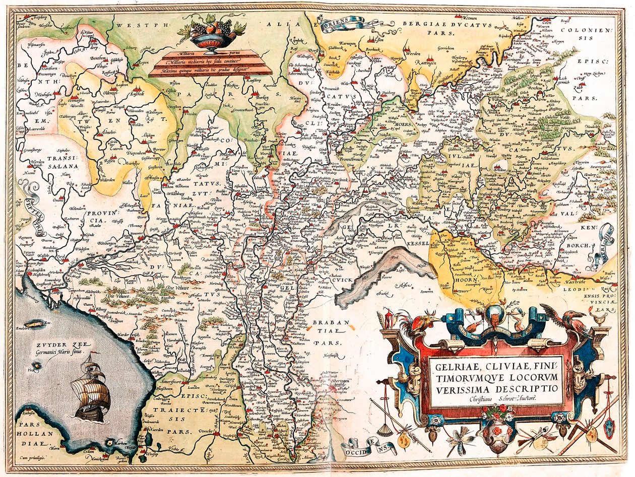 Gelriae, Cliviae, Finitimorum Qe Locorum Verissima Descriptio Christiano Schrot. Auctore. Mappa geografica del territorio dei Paesi Bassi tedeschi da "Theatrum Orbis Terrarum" di Abraham Ortelius da Abraham Ortelius