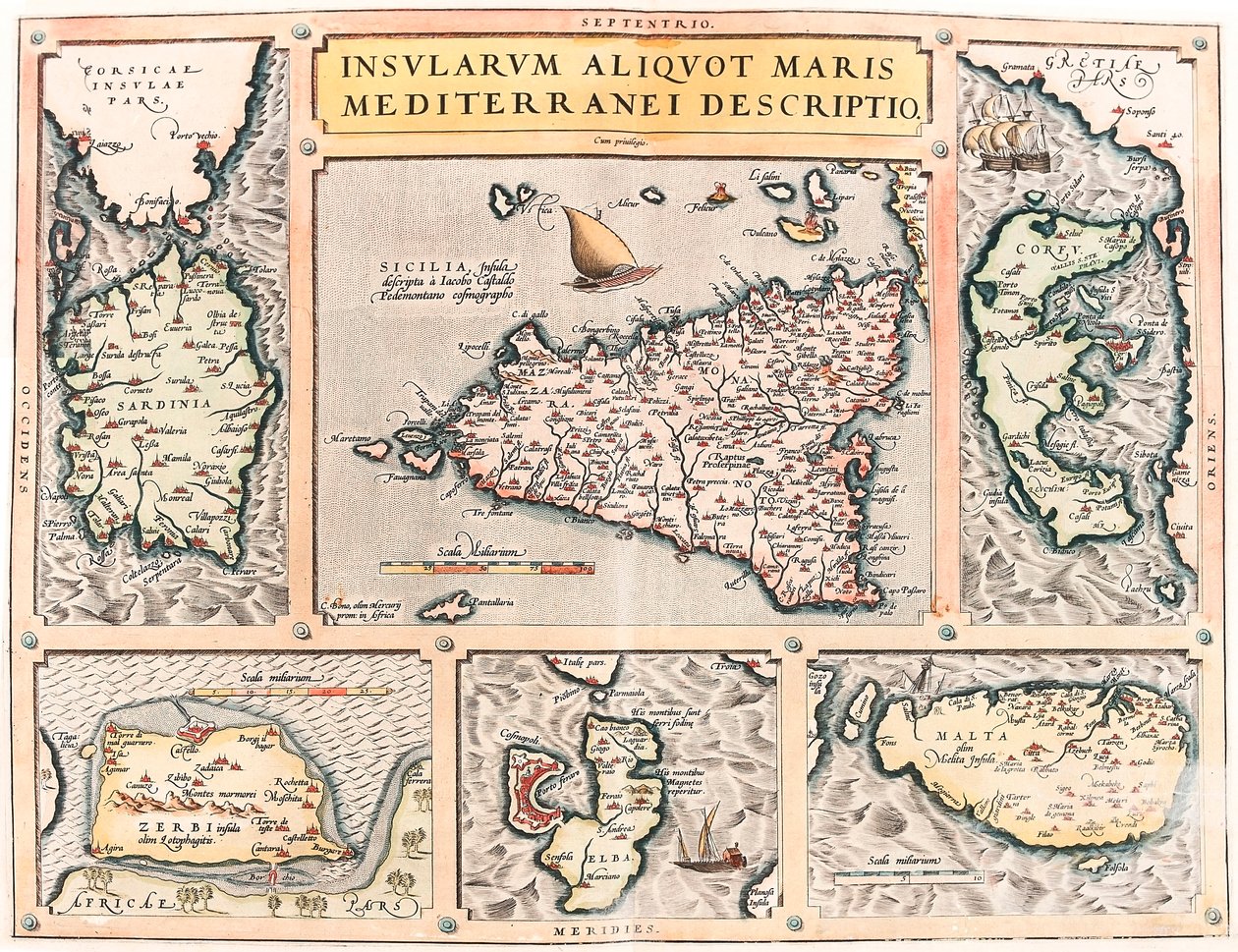 Insularum Aliquot Maris Mediterranei Descriptio, mappa geografica delle isole del Mediterraneo di Sicilia, Sardegna, Corfù, Malta, Djerba ed Elba da 