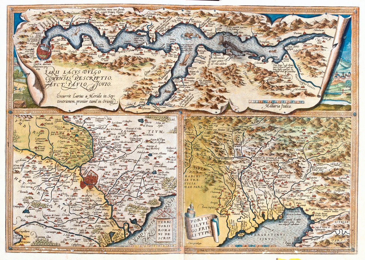 Lake Como (Italy; Region: Lombardy), Rome (Italy; Region: Lazio), Gulf of Trieste (Italy: region Friuli-Venezia Giulia; Slovenia: traditional region Slovenian Littoral; Croatia: Istria County) da Abraham Ortelius
