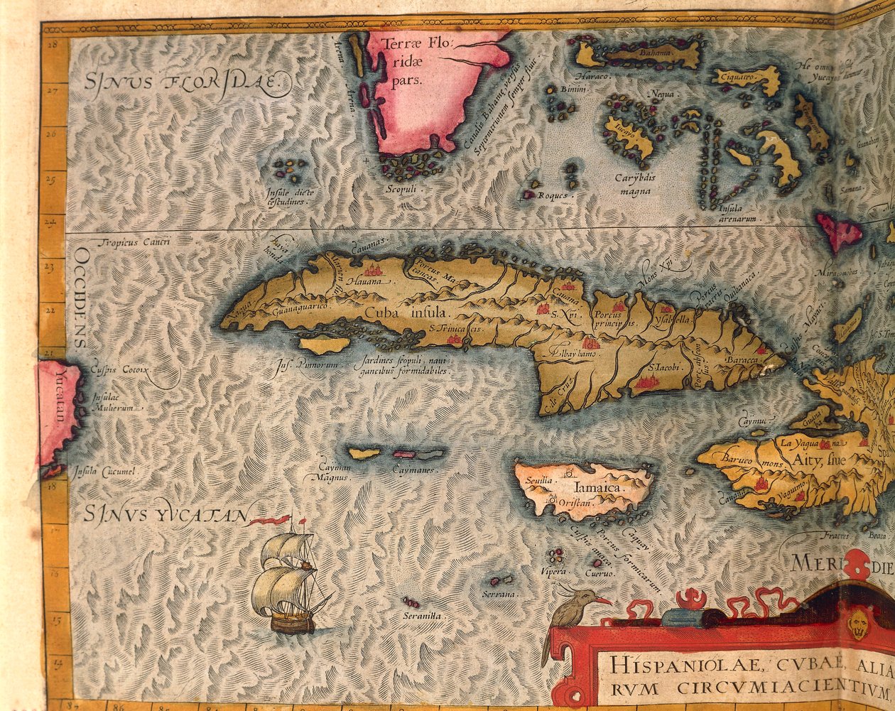 Mappa di Cuba e Giamaica dal Theatrum Orbis Terrarum di Abraham Ortelius, stampata ad Anversa da Abraham Ortelius