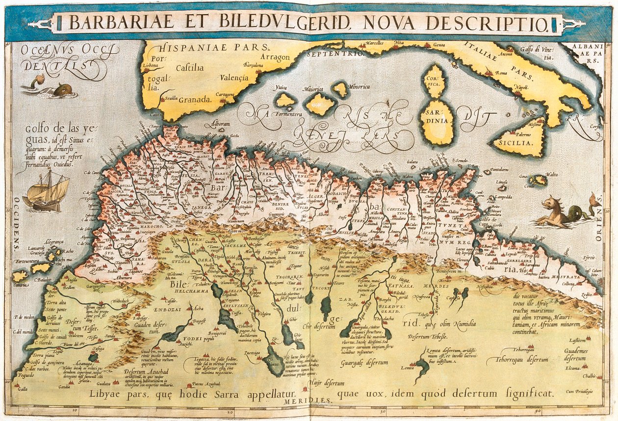 Marocco, Algeria, Tunisia, Libia occidentale, Sahara occidentale, Mauritania, Senegal, Mali, Niger. da Abraham Ortelius