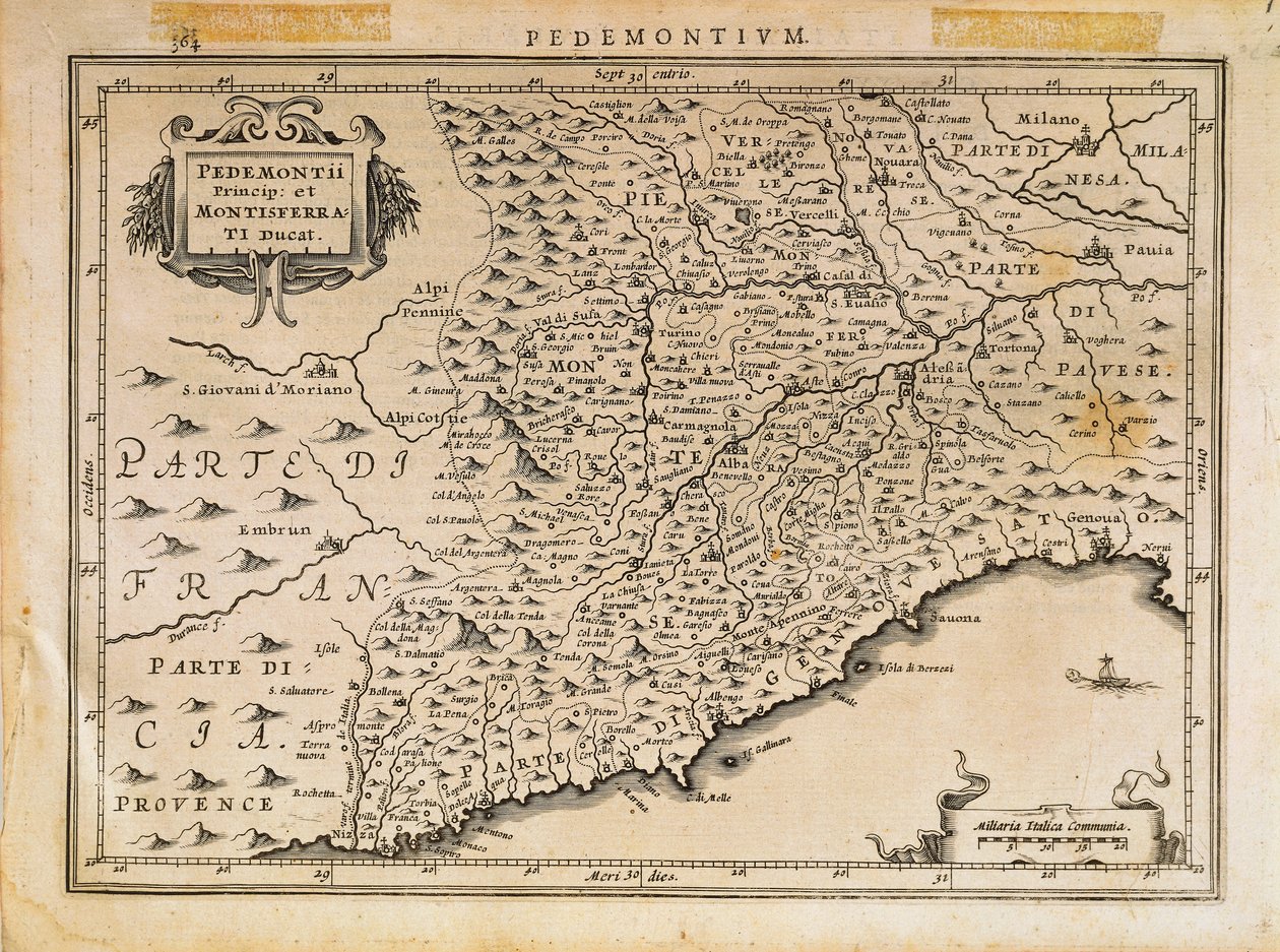 Principato del Piemonte, Ducato di Monferrato, Liguria occidentale e parte della Liguria orientale da Abraham Ortelius