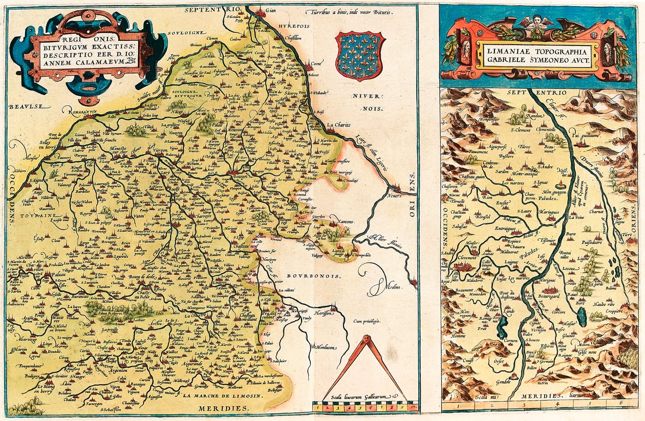 Regionis Biturigum accurata descriptio per D. Ioannem Calamaeum, mappa geografica del territorio di Bourges e della regione del centro in Gallia (Francia) da “Theatrum Orbis Terrarum” di Abraham Ortelius da Abraham Ortelius