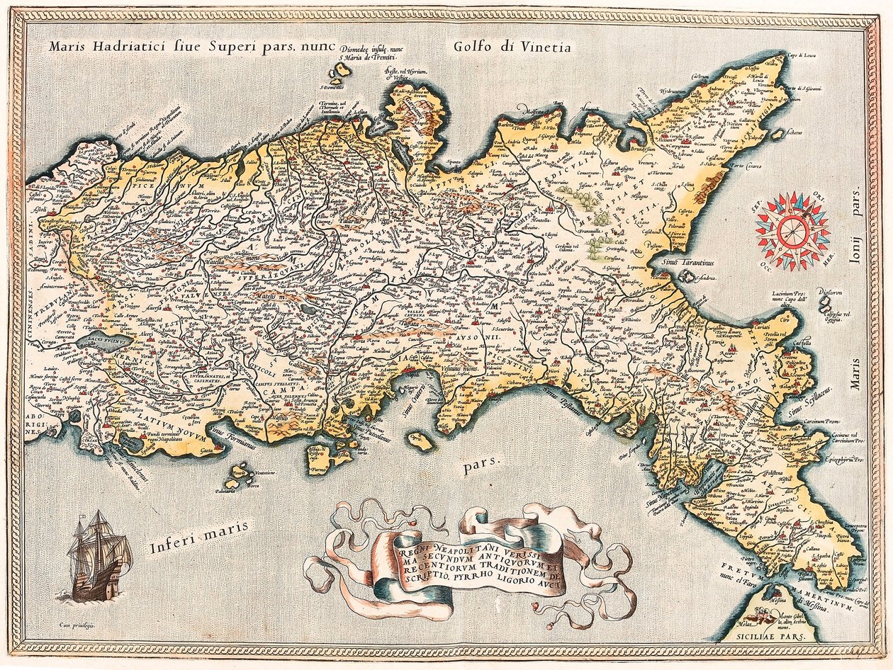 Regnii Neapolitani verissima secundum antiquorum et recentiorum traditionem descriptio, Pyrrho Ligorio auct. Mappa geografica del territorio del Regno di Napoli in Italia dal "Theatrum Orbis Terrarum" di Abraham Ortelius da Abraham Ortelius