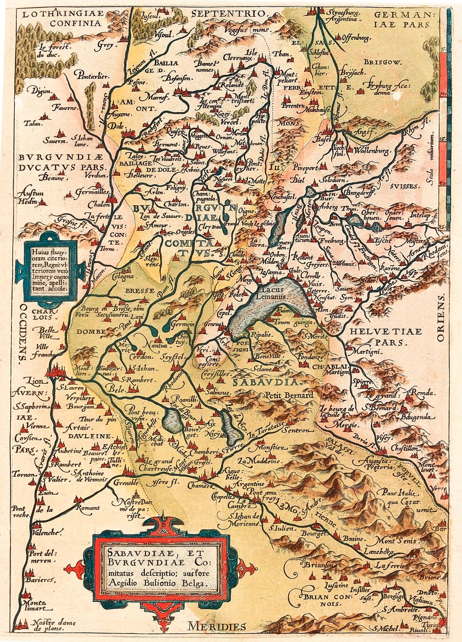 Sabaudia et Burgundiae Comitus descriptio, mappa geografica del territorio della Borgogna e della Savoia (Pontarlier, Digione, Lago Lemano e Svizzera) da “Theatrum Orbis Terrarum” di Abraham Ortelius da Abraham Ortelius
