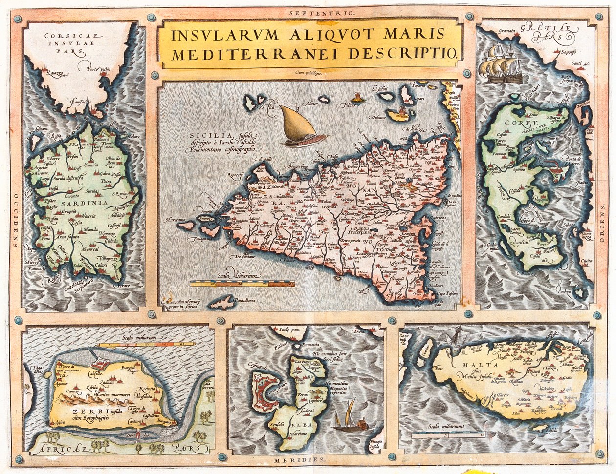 Sardegna, Sicilia, Corfù, Djerba, Elba, Malta, Italia, Grecia, Tunisia, Malta da Abraham Ortelius