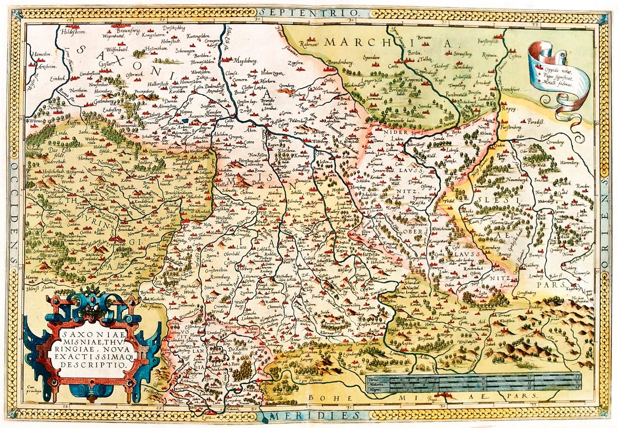 Saxoniae, Misniae, Thuringiae, Nova Accurssimaque Descriptio, mappa geografica del territorio della Sassonia, Turingia in Germania da 