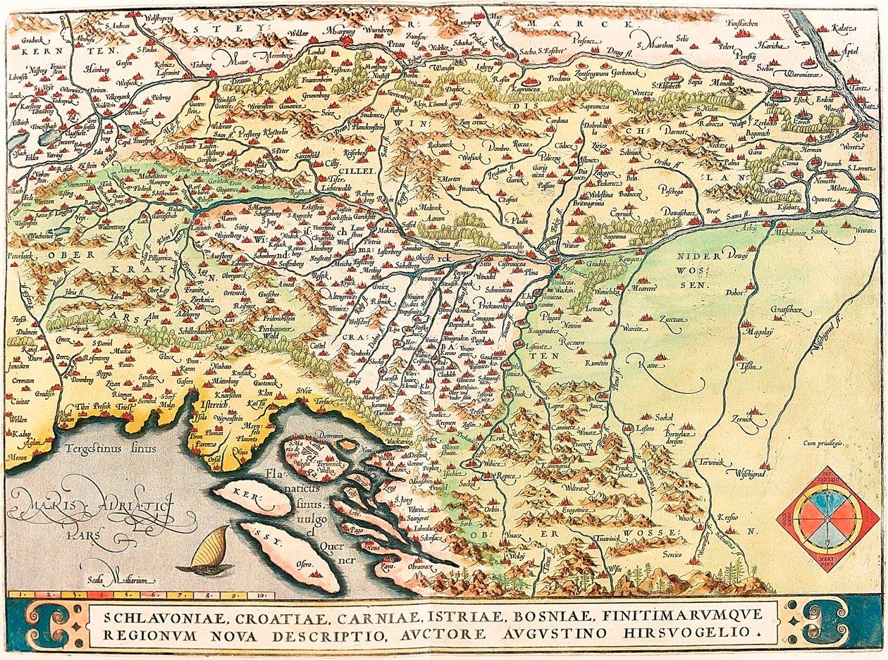 Schlavoniae, Croatiae, Carniae, Istriae, Bosniae, Finitimarumque Regionum Nova Descriptio, Auctore Augustino Hirsuogelio. Mappa geografica dei territori di Slavonia, Croazia, Bosnia e Dalmazia da 