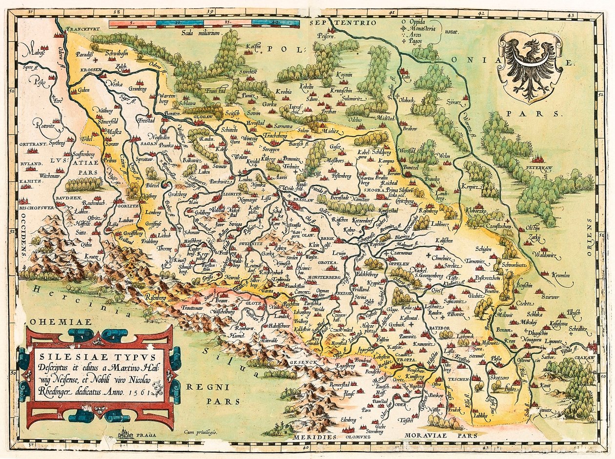 Silesia Typus Descriptio et Descriptus et editus Martino Heilwid Neilsense, et Nobili viro Nicolao Rhedinger dedicatus Anno 1561. Mappa geografica del territorio a sud di Francoforte in Germania vicino alla Polonia da 