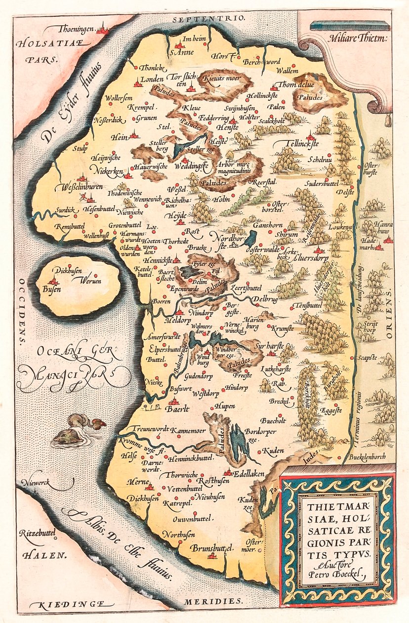Thietmarsiae, Holsaticae regionis parties typus Mappa geografica della Germania settentrionale con la città di Kuden tratta dal "Theatrum Orbis Terrarum" di Abraham Ortelius da Abraham Ortelius