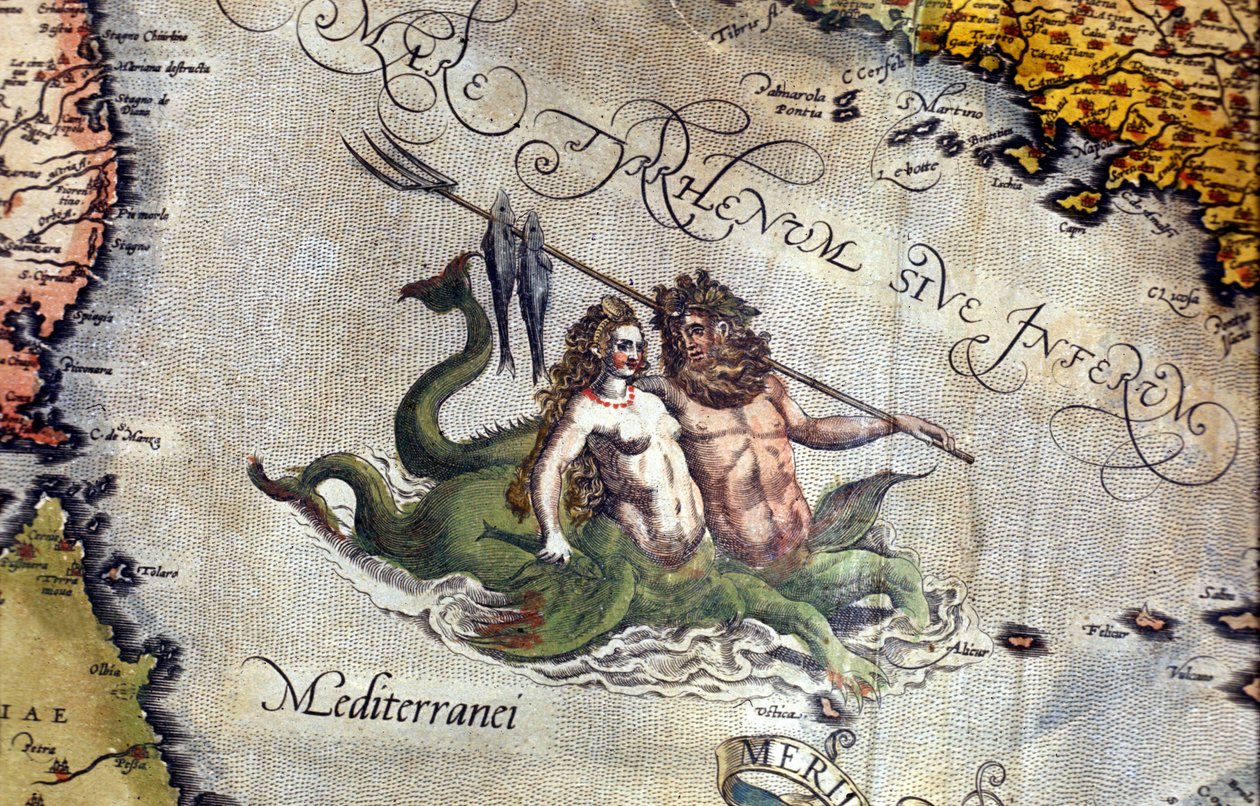 Tritone e sirena nel Mar Mediterraneo. "Theatrum Orbis Terrarum" di Abrahm Ortelius, Anversa 1584. da Abraham Ortelius