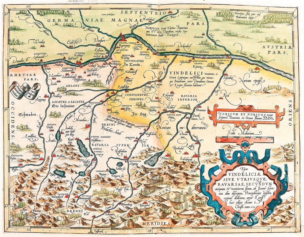 Typus Vindeliciae Ssive Utriusque Bavariae: Secundum antiquam & recentiorum situm, ab Joanne Aventino olim descriptus... Mappa geografica del territorio della Baviera in Germania da 