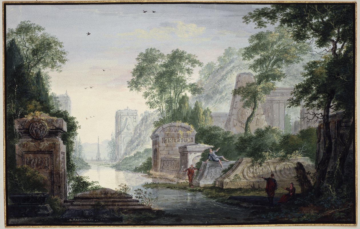 Antiche rovine funerarie in un paesaggio fluviale da Abraham Rademaker