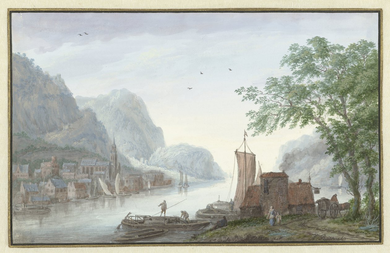 Paesaggio montuoso con vista su un villaggio lungo un fiume da Abraham Rademaker