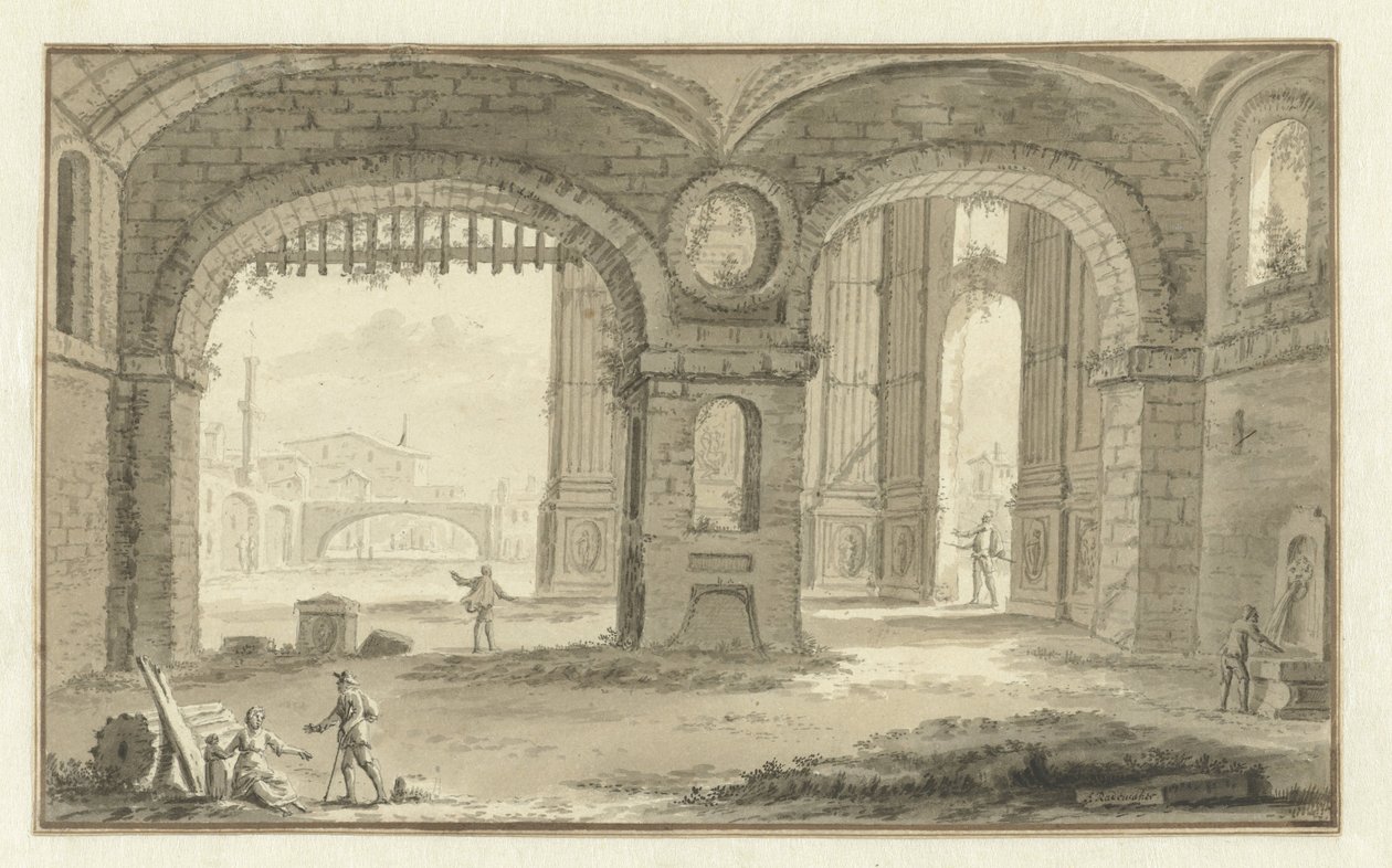 Veduta immaginaria di una città italiana con edifici classici da Abraham Rademaker