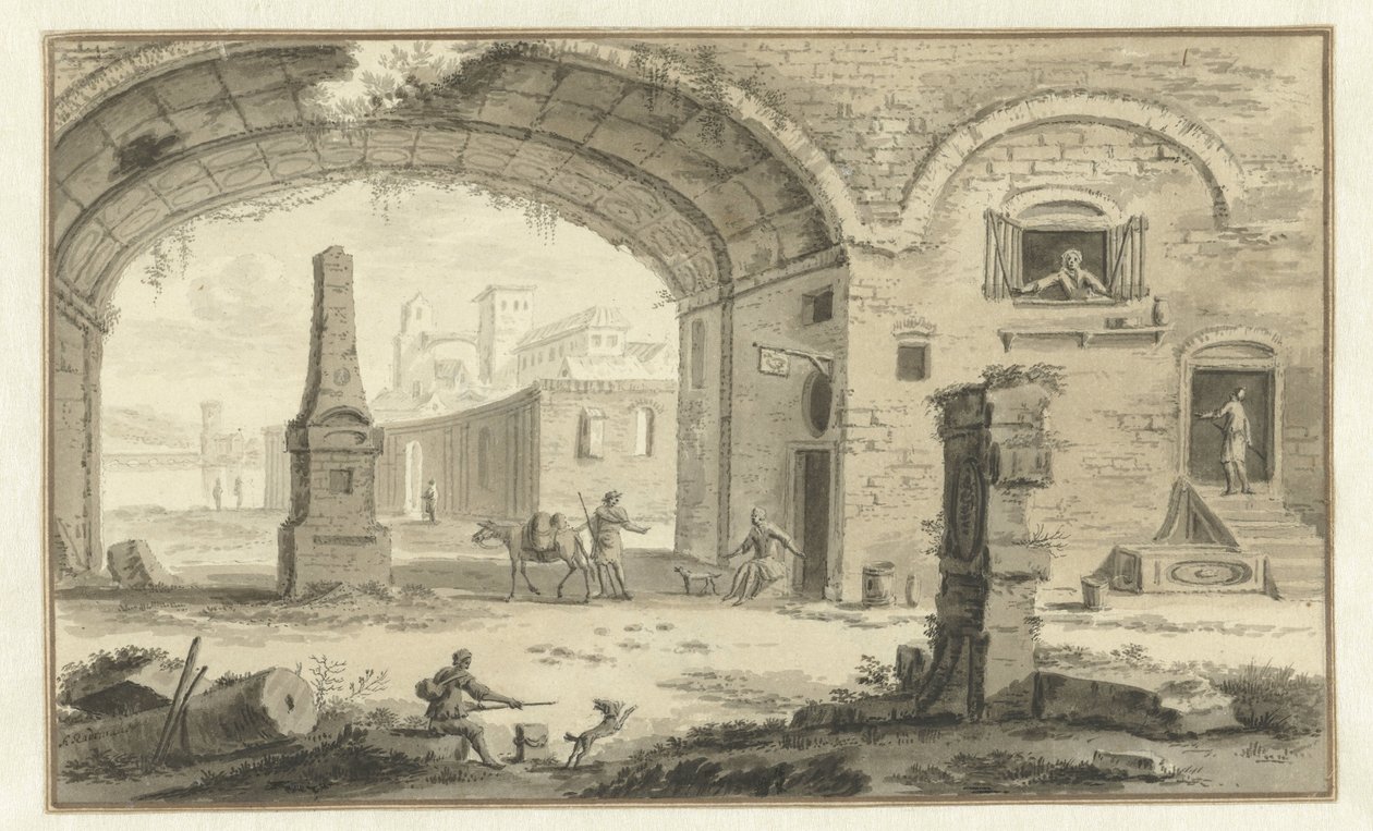 Veduta immaginaria di una città italiana con edifici classici e vista sotto un arco da Abraham Rademaker