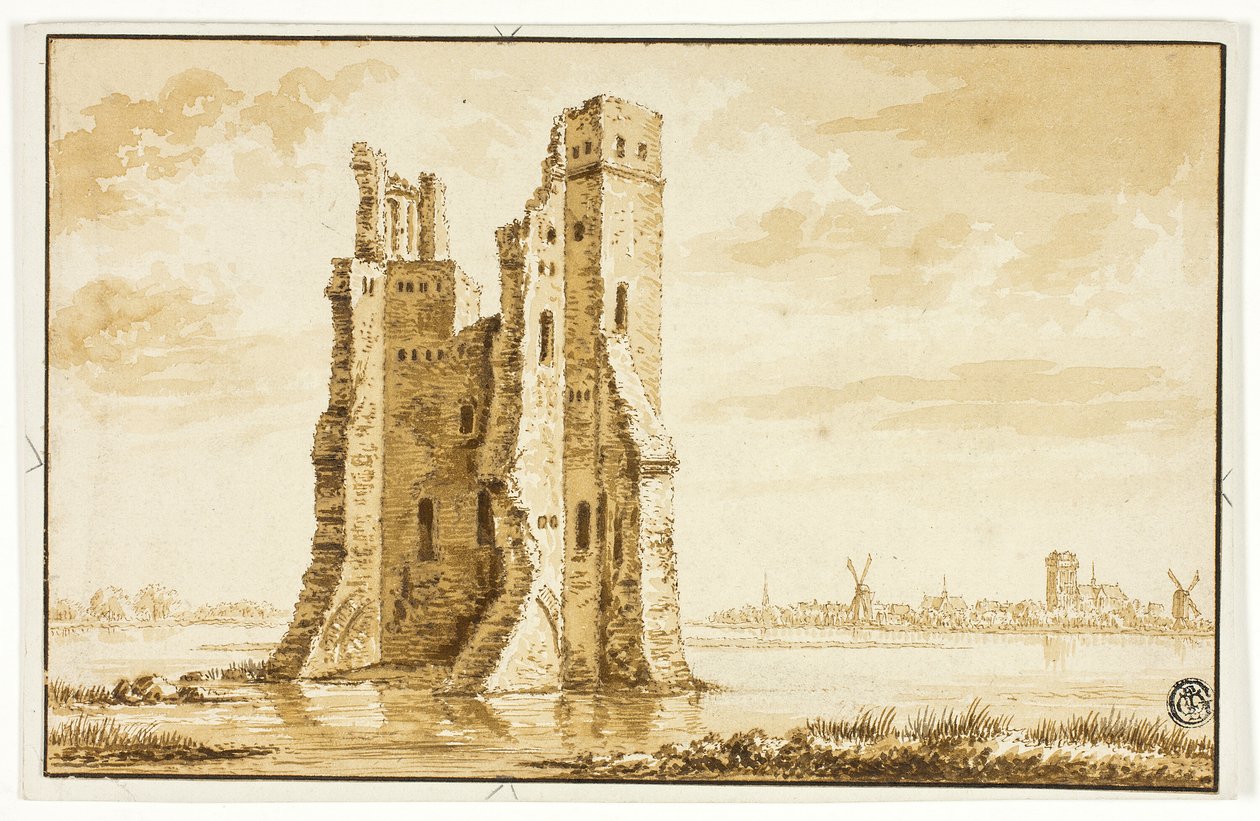 Rovine del maniero di Merwede viste dal fronte con Dordrecht sullo sfondo da Abraham Rademaker