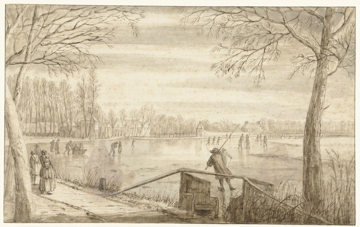 Pattinatori sul fiume Vecht, vicino a Maarssen, con le tenute di Daelwijck e Vechthoven in lontananza da Abraham Rutgers