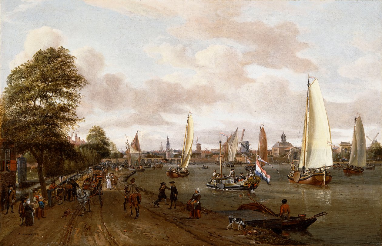 Vista Panoramica di Amsterdam con una Chiatta e Piccole Navi sul Buiten-Amstel da Abraham Storck