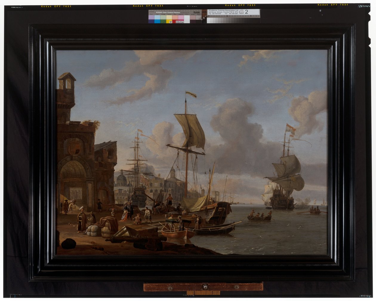 Una scena di porto mediterraneo capriccio con mercanti e altre figure sul molo da Abraham Storck