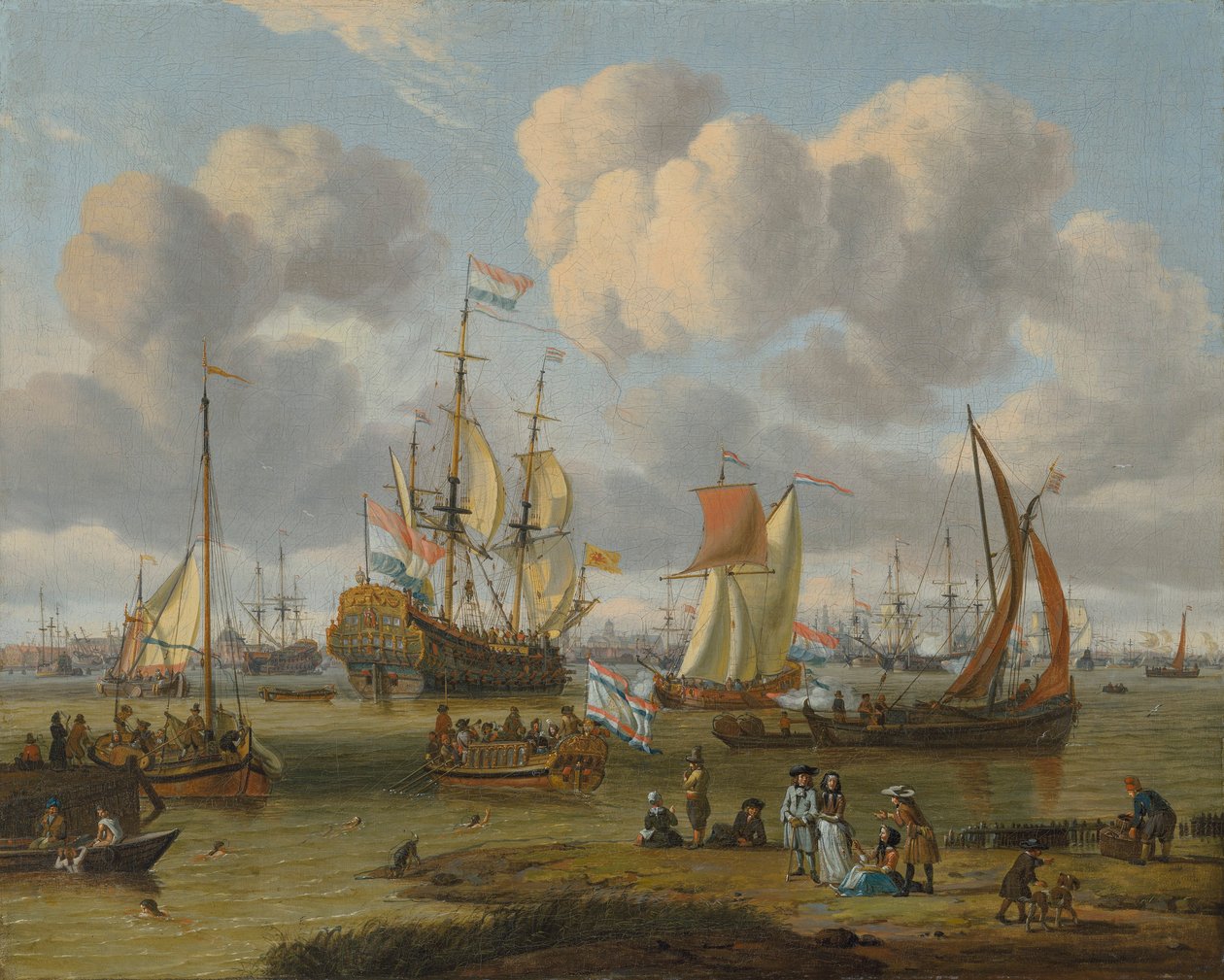 Olandese: Schepen op het IJ voor Amsterdam Spedizione al largo di Amsterdam con figure su una banchina da Abraham Storck