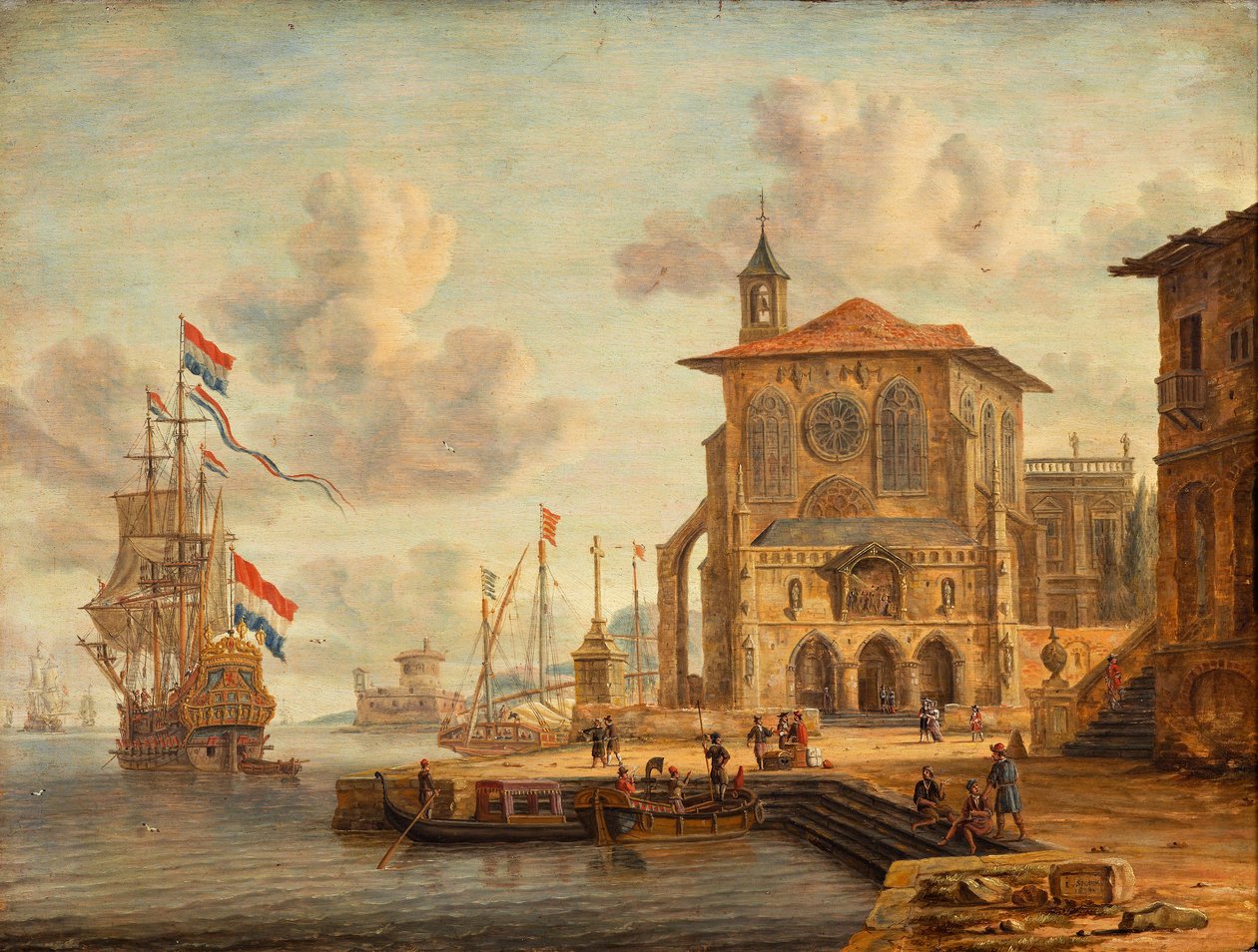 Scena portuale con edificio medievale da Abraham Storck