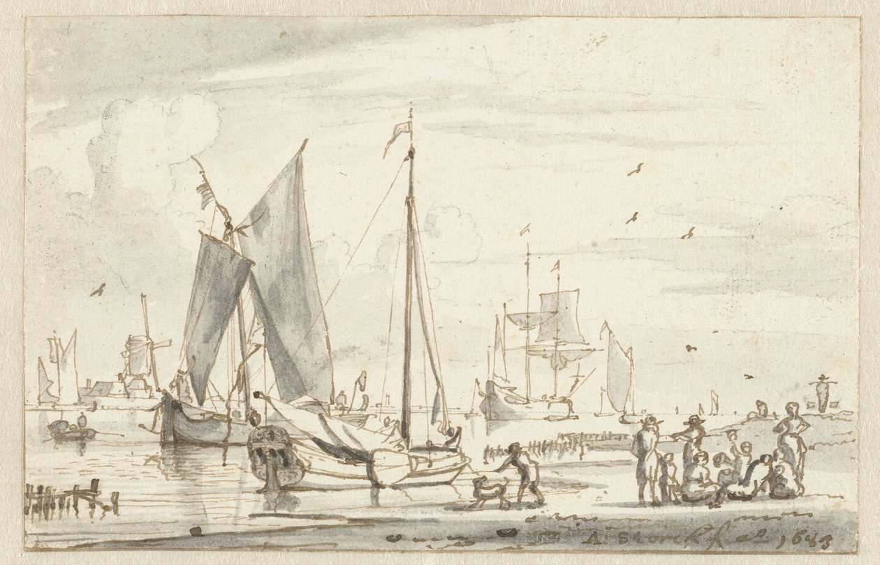 Riva del fiume con alcune barche da Abraham Storck