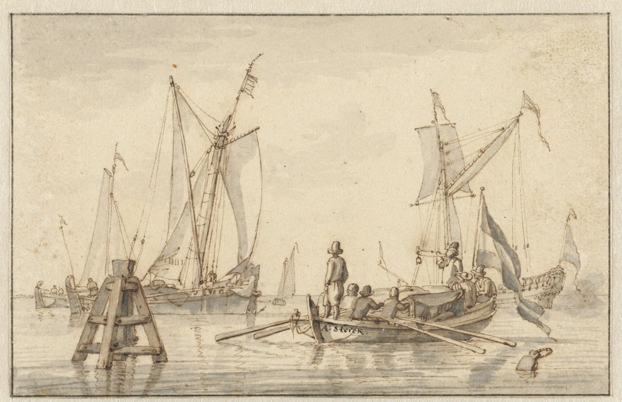 Mare calmo con alcune barche da Abraham Storck