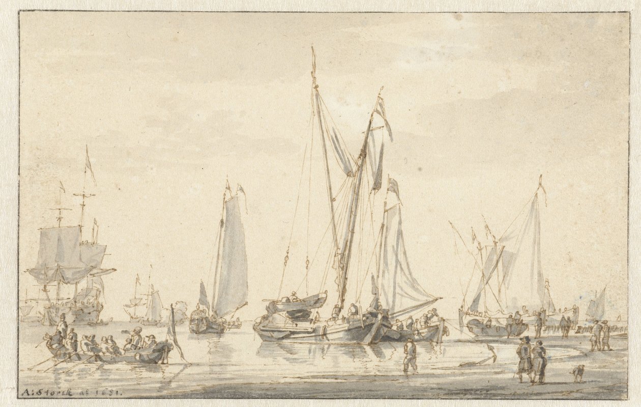 Vista della spiaggia con navi ormeggiate da Abraham Storck